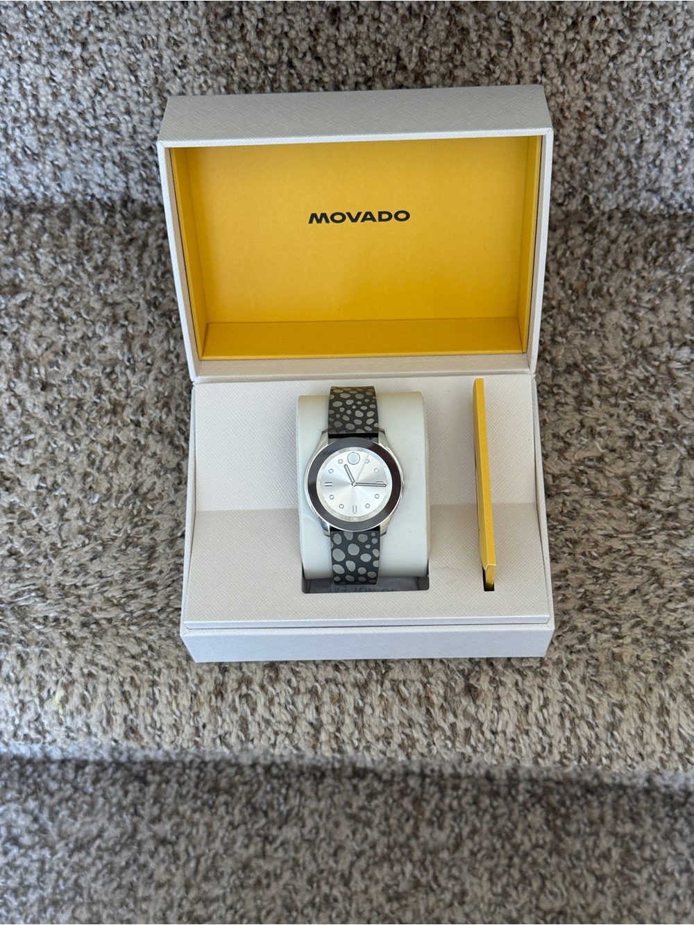 Movado bold women’s Silver Dial Watch with Gray Polka Dot rubber Strap Watch